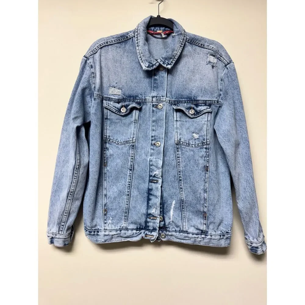 FREE PEOPLE Ramona Denim Trucker Jacket, Oversized, Distressed, Sz XS - Picture 2 of 11